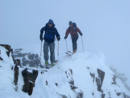 Kip and Courtney skinning the catwalk on a previous ascent of the east ridge of Superior.