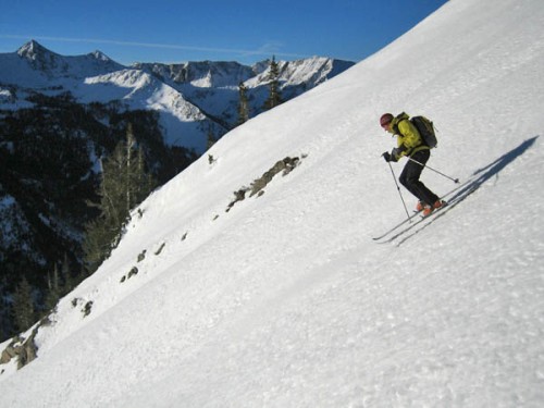 Skiing the flanks of Little Pine with the Pfiefferhorn, Needle and Coalpit in the background.  My ears are still ringing from this descent.  photo: courtney phillips