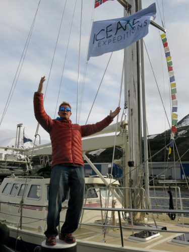 Casting off on the good ship Arctica II while flying the Ice Axe flag.